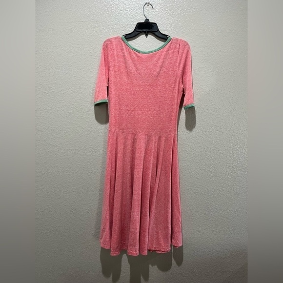 Lula Roe Pink and Green Trim Midi Dress Short Sleeve Size Medium Vaca Summer - Picture 2 of 7